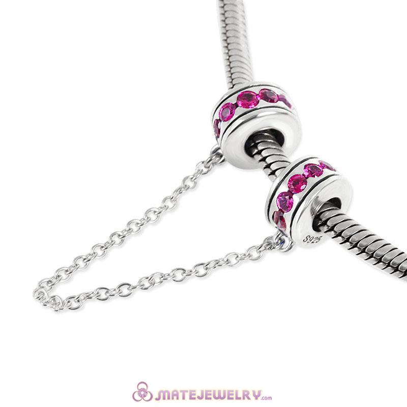 Fuchsia CZ Safety Chain For Bracelets 925 Sterling Silver