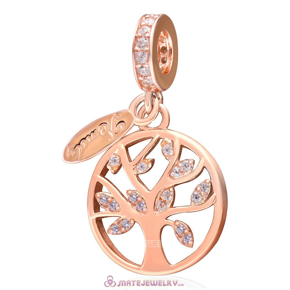 Family Tree Dangle with Clear CZ Rose Gold Charm