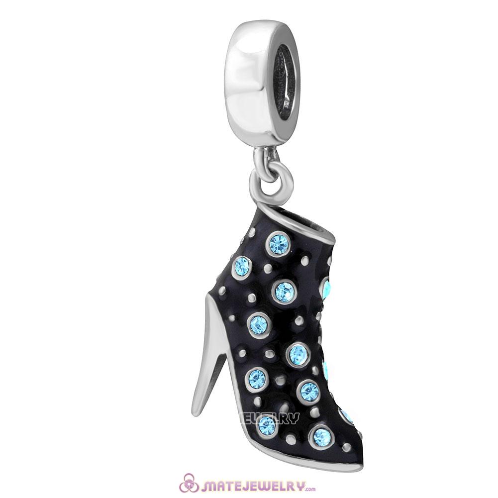 Black High Heel Charms Beads with Aquamarine Austrian Crystal