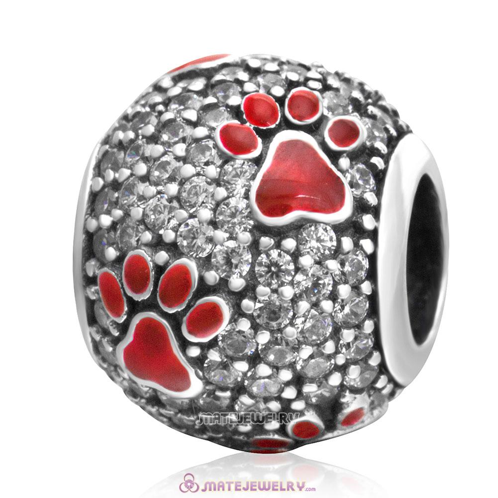 925 Silver Red Animal Pawprint Charm Beads