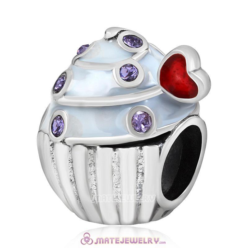 Sweet Cupcake Charm Sterling Silver Bead with Tanzanite Austrian Crystal