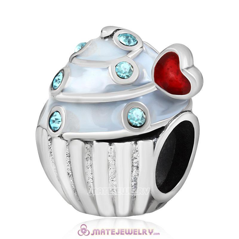 Sweet Cupcake Charm Sterling Silver Bead with Aquamarine Austrian Crystal