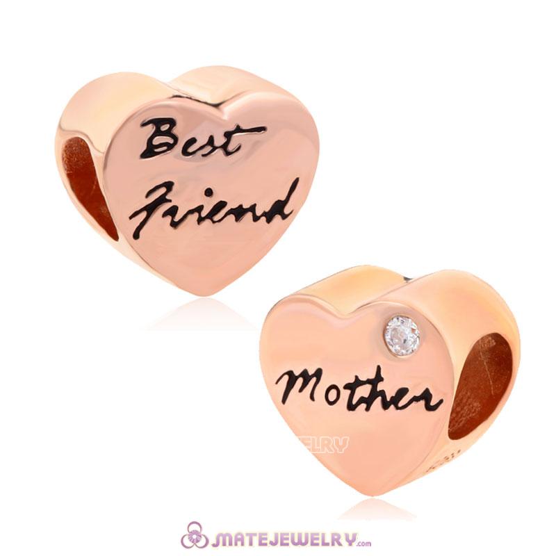 Rose Gold European Mother and Best friend Heart Charms Beads with White CZ Stone