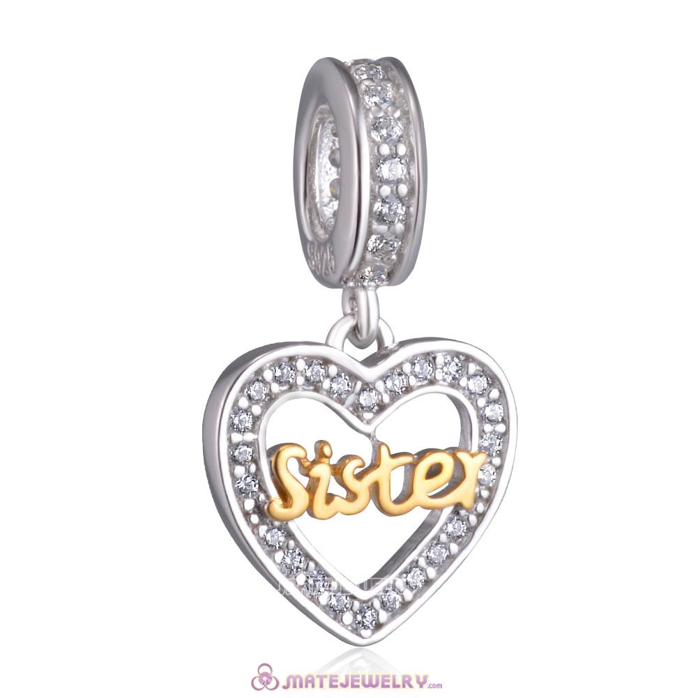 Gold Sister Heart Charm Pendant 925 Silver
