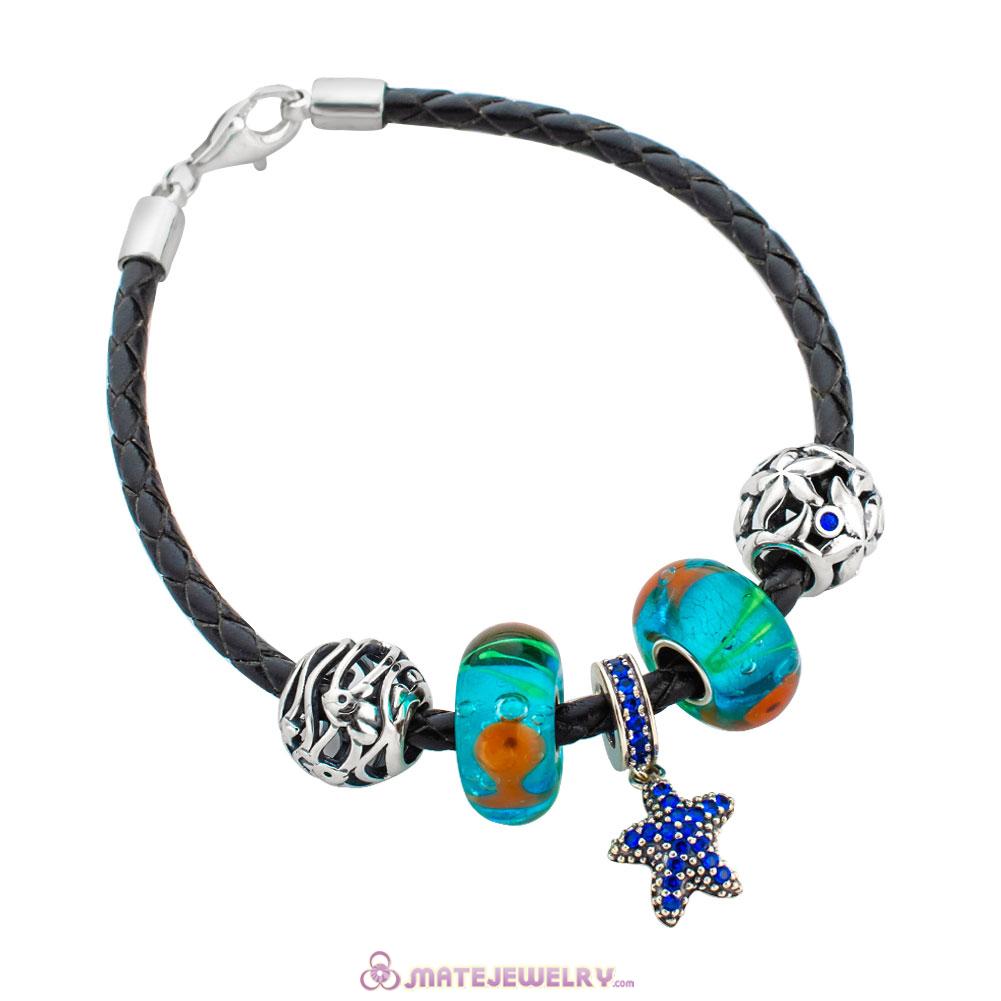 Black Braided Leather Murano Oceanic Life Bracelet Charms with Sterling Silver Lobster Clasp