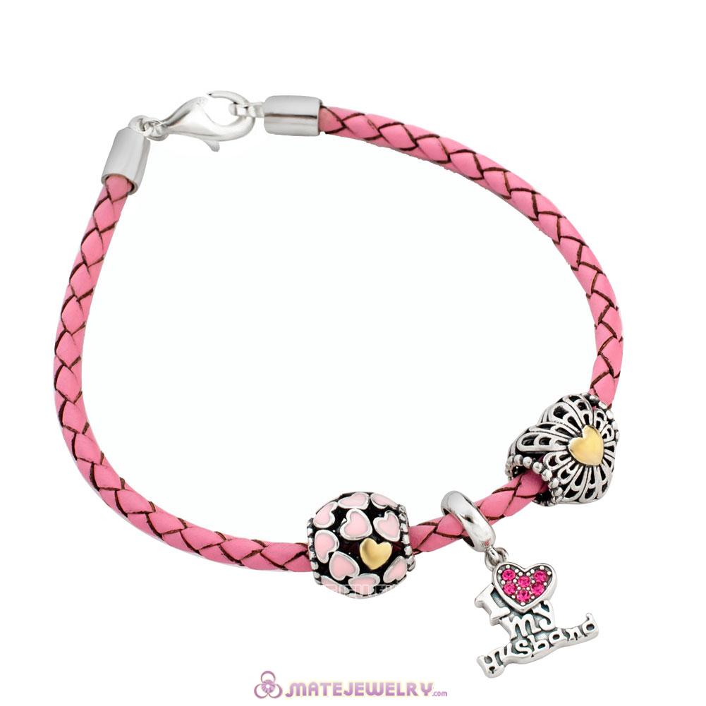 Pink Braided Leather Valentines Bracelet Charms From Husband with Sterling Silver Lobster Clasp