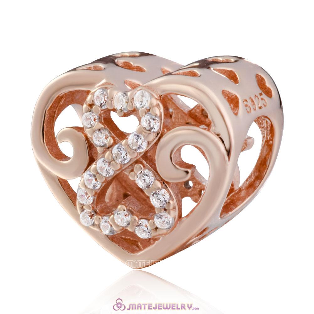 925 Sterling Silver Rose Gold Infinity Heart Charms Beads with Zirconia