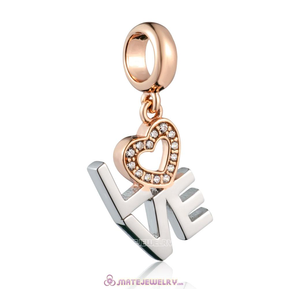925 Sterling Silver Rose Gold Heart Charm with Clear cz