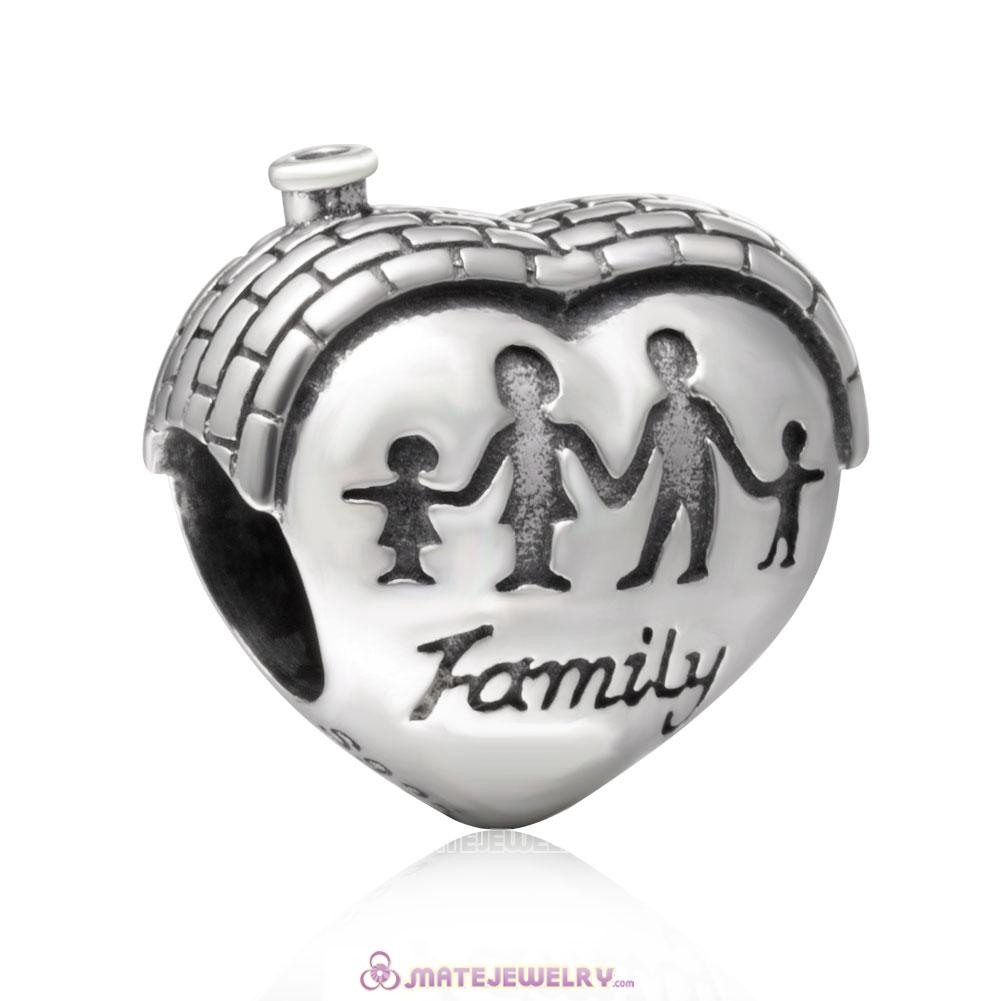 Family House Heart Charm Antique 925 Silver Beads