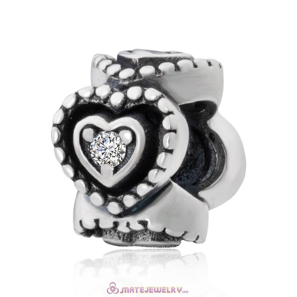 Silver Cubic Zirconia Heart Spacers Charms with Zircon
