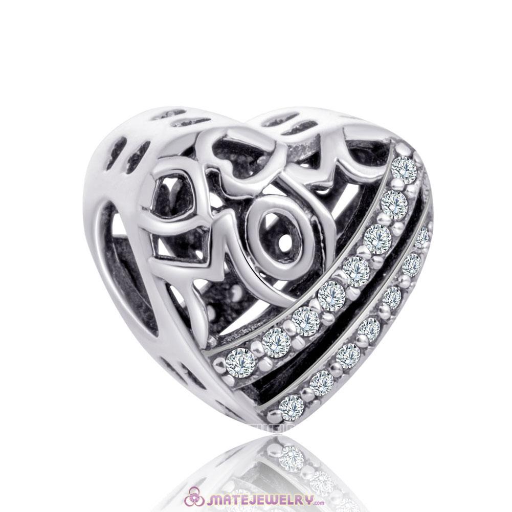 European Open Mom Love Heart Beads with Clear CZ