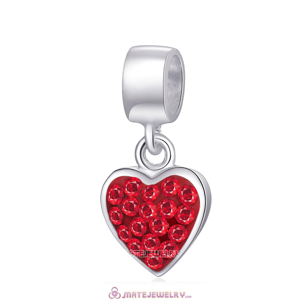 Wholesale 925 Sterling Silver Heart Dangle Charms With Red Austrian Crystal