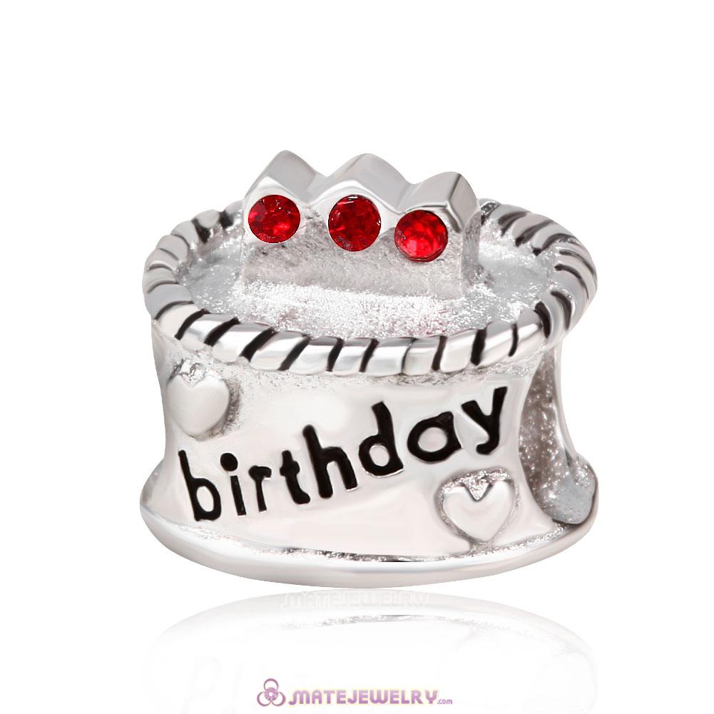 Sterling Silver Birthday Cake Charm Beads with Red Austrian Crystal