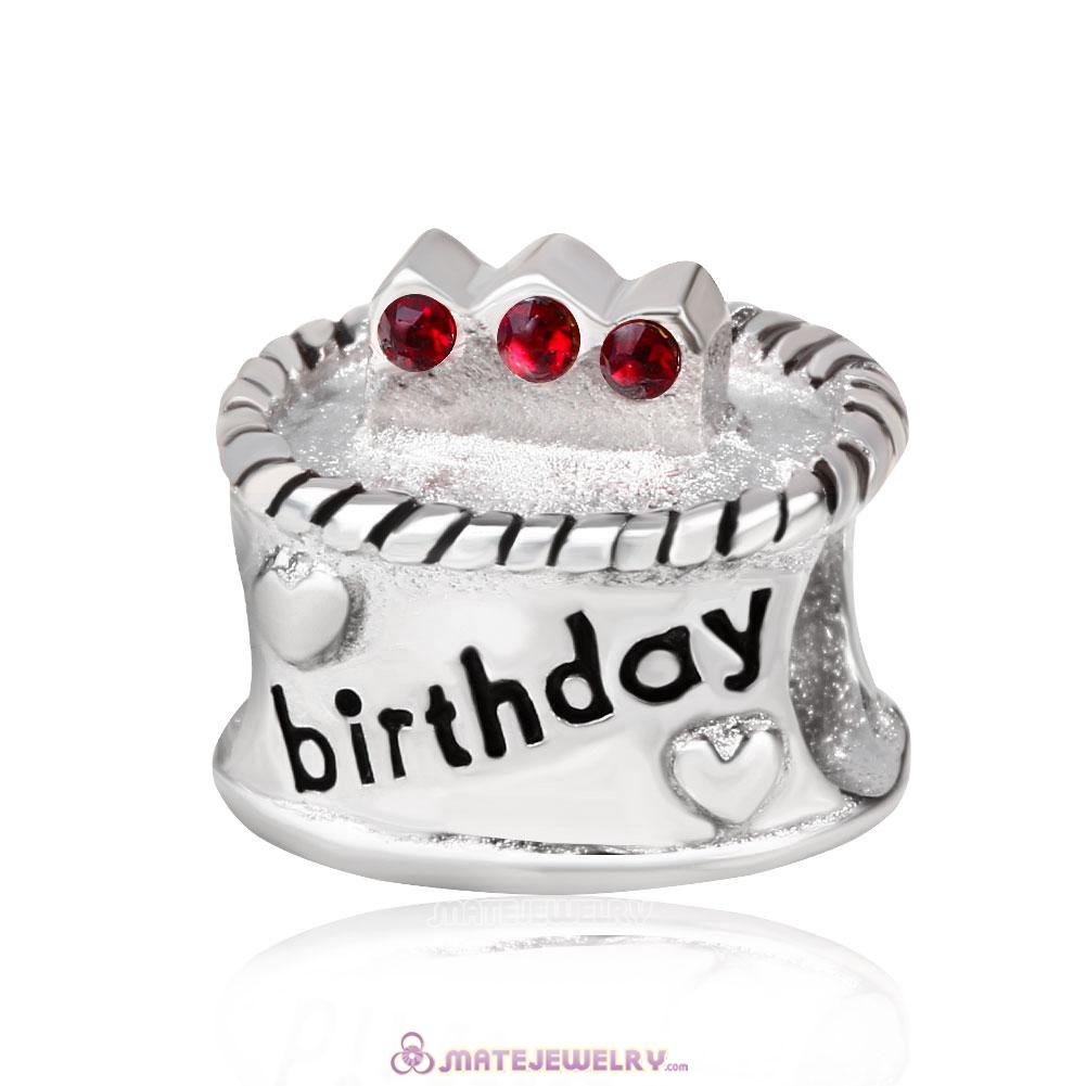 Sterling Silver Birthday Cake Charm Beads with Siam Austrian Crystal