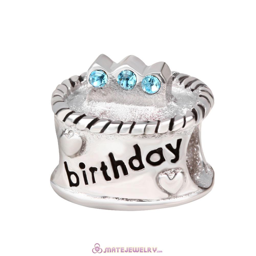 Sterling Silver Birthday Cake Charm Beads with Aquamarine Austrian Crystal