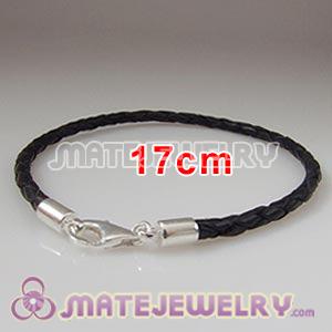 17cm black braided European leather bracelet sterling lobster clasp