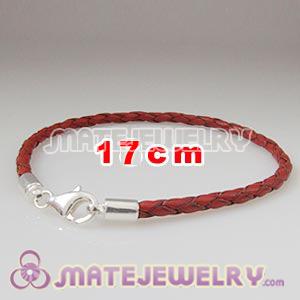 17cm red braided European leather bracelet sterling lobster clasp