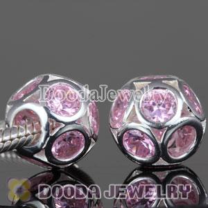 European Style Silver Disco Ball Beads with Pink CZ Stone