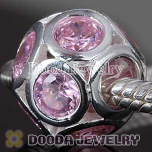 European Style Silver Disco Ball Beads with Pink CZ Stone