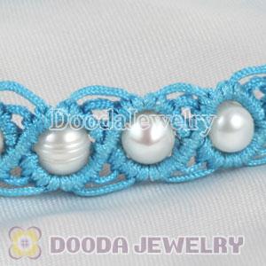Hand Knitted Adjustable Blue handmade Inspired Bracelet with Nature Freshwater Pearl