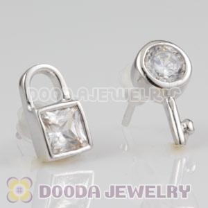 Sterling Silver Fashion Key and Lock with CZ Stud Earrings