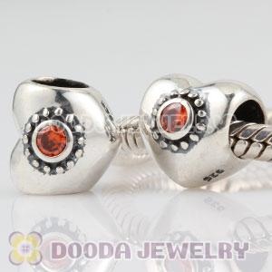 925 Sterling Silver Puffy Heart charm beads with orange Stone