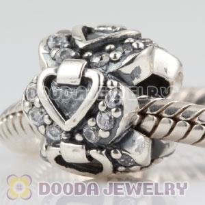 Sterling Silver Elegant Embrace heart charm beads with CZ stones