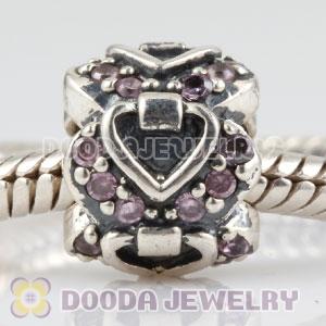 Sterling Silver Elegant Embrace heart charm beads with pink CZ stones
