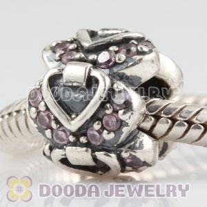 Sterling Silver Elegant Embrace heart charm beads with pink CZ stones
