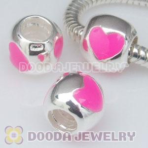 925 Sterling Silver European Style Enamel Pink Heart Beads with Screw