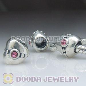 Solid Sterling Silver European Style Heart Beads with Stone